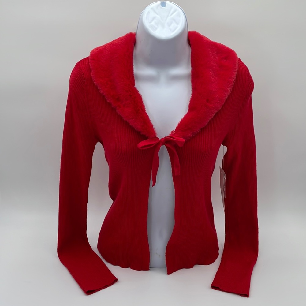 NOBO Red Faux Fur Removable Collar Ribbed‎ Open Front Tie Shut Cardigan CALLOUT